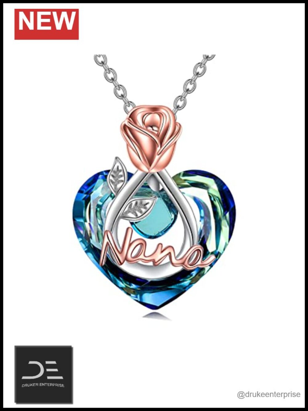 925 Sterling Silver Nana Heart Rose Flower Crystal Pendant Necklace 18+2 Inch
